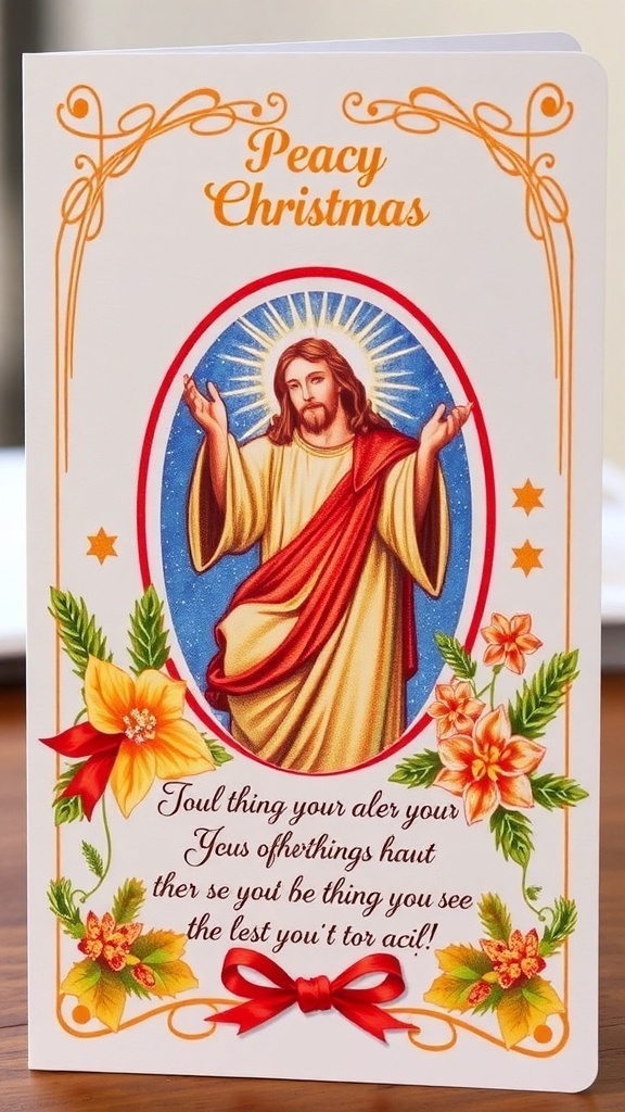 Christmas card with an illustration of Jesus, decorated with festive elements.